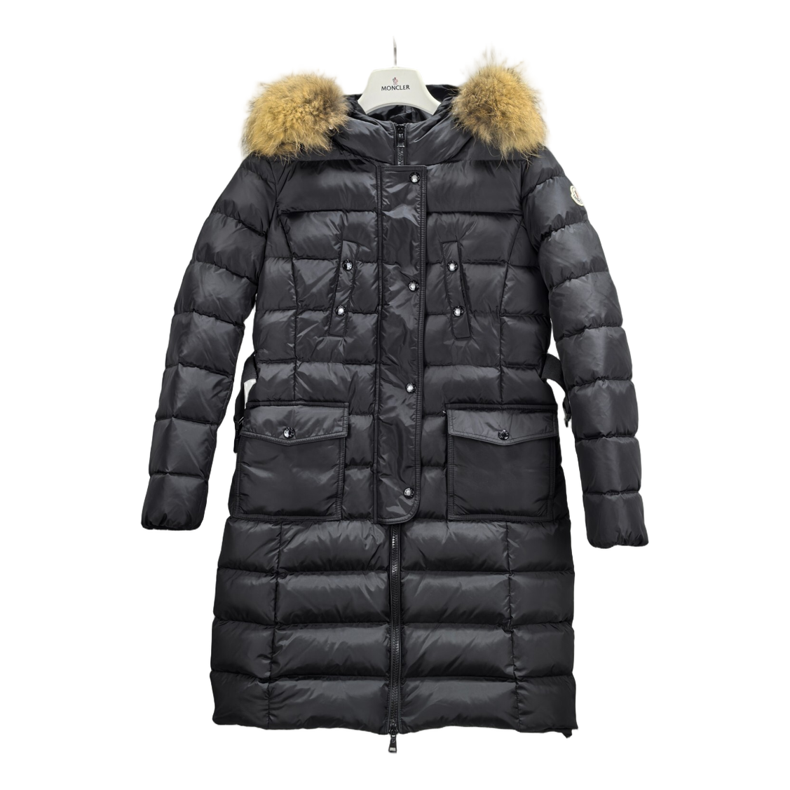 Moncler Four-Pocket Fur-Trim Hooded Long Down Coat - Black