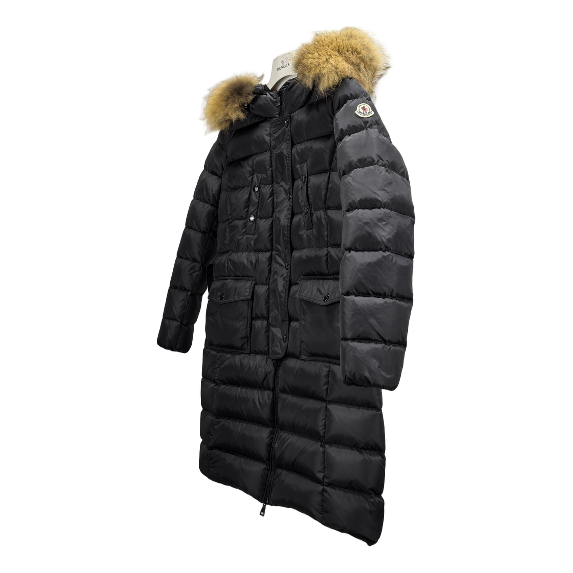 Moncler Four-Pocket Fur-Trim Hooded Long Down Coat - Black