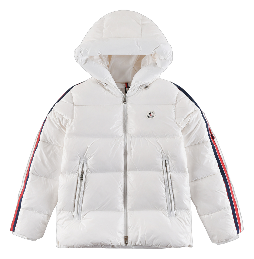 Moncler Tricolour Sleeve-Stripe Hooded Down Jacket – White