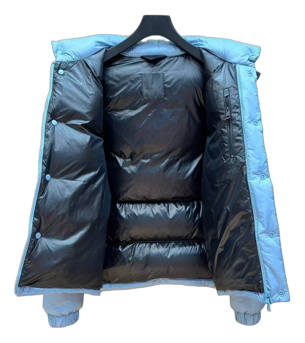 Moncler Orange-Badge Hooded Down Jacket – Ice Blue