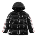 Moncler Tricolour Sleeve-Stripe Glossy Hooded Down Jacket