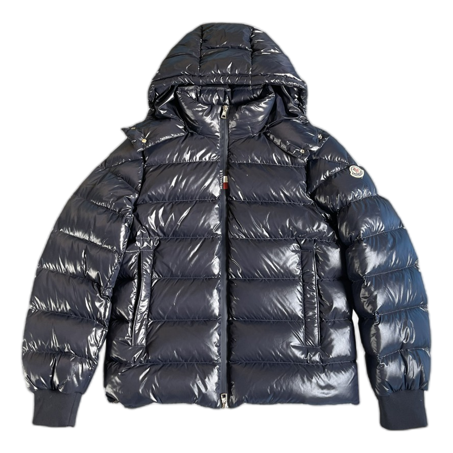 Moncler Glossy Logo-Zip Hooded Down Puffer Jacket - Navy