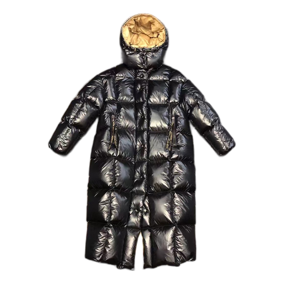 Moncler Glossy Long Down Puffer Coat with Gold Lining - Black