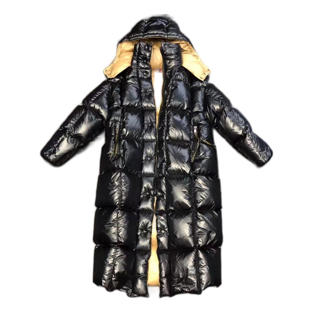 Moncler Glossy Long Down Puffer Coat with Gold Lining - Black