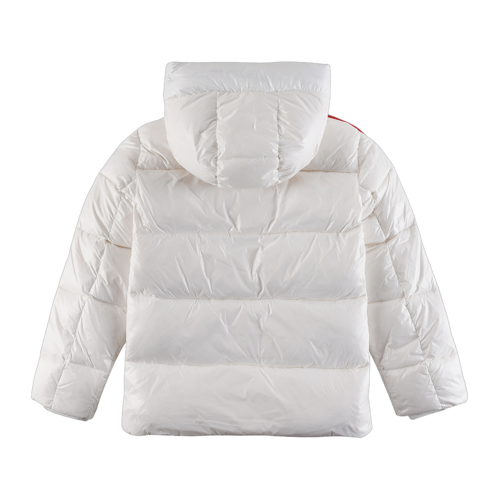 Moncler Tricolour Sleeve-Stripe Hooded Down Jacket – White