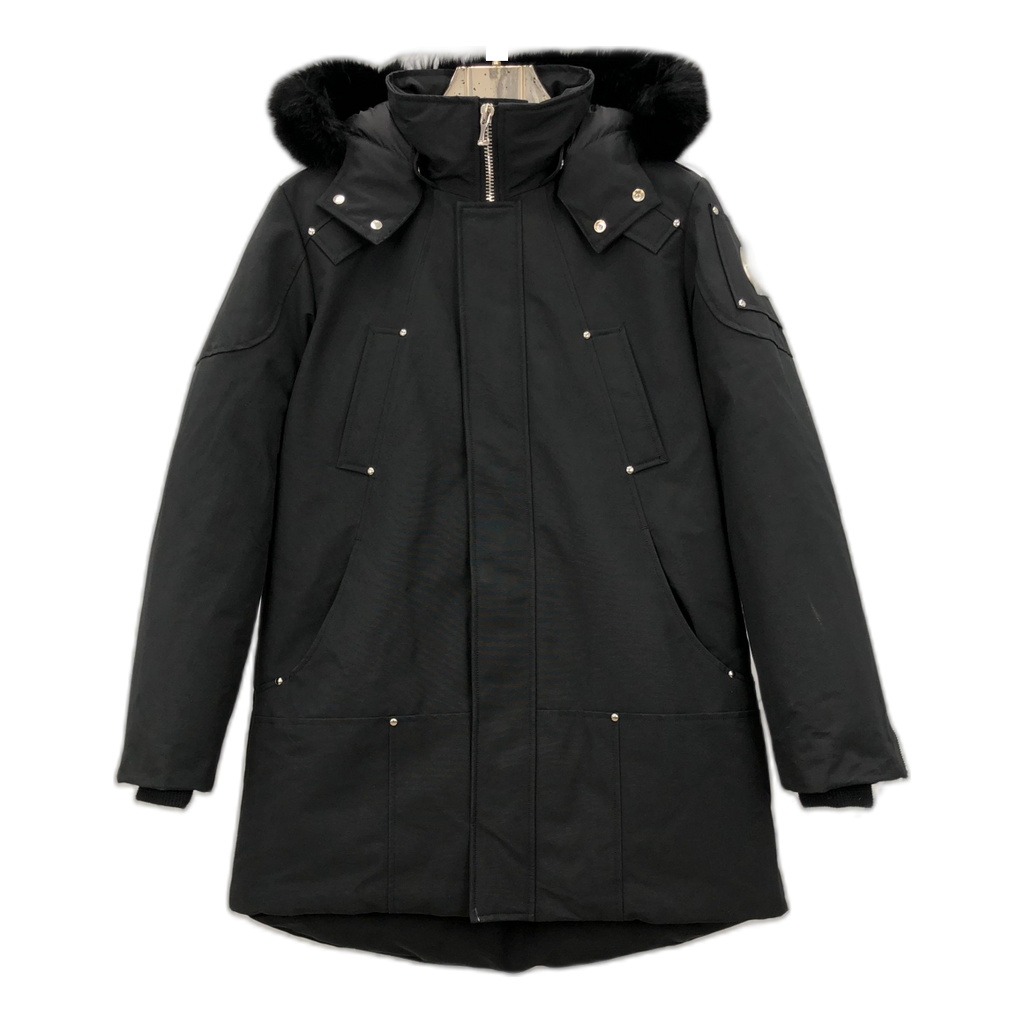 Moose Knuckles Curved-Hem Fur-Trim Hooded Down Parka – Black
