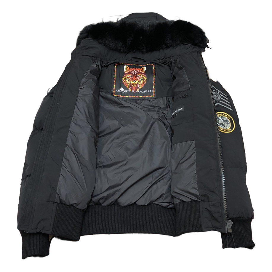 Moose Knuckles Patch-Detail Hooded Down Bomber Jacket – Black