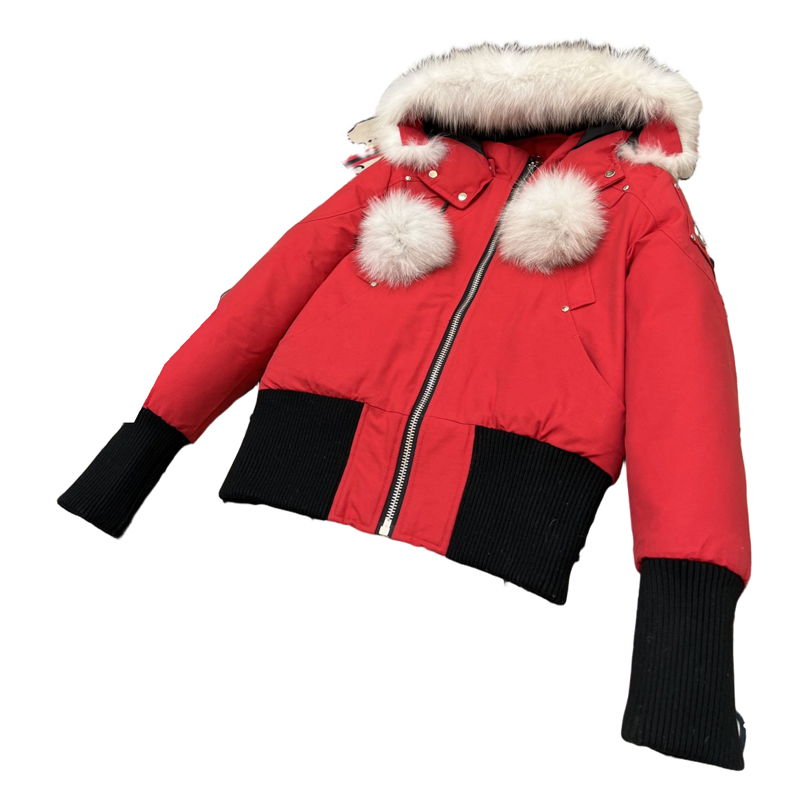 Moose Knuckles Debbie Pom-Pom Hooded Down Bomber Jacket – Red