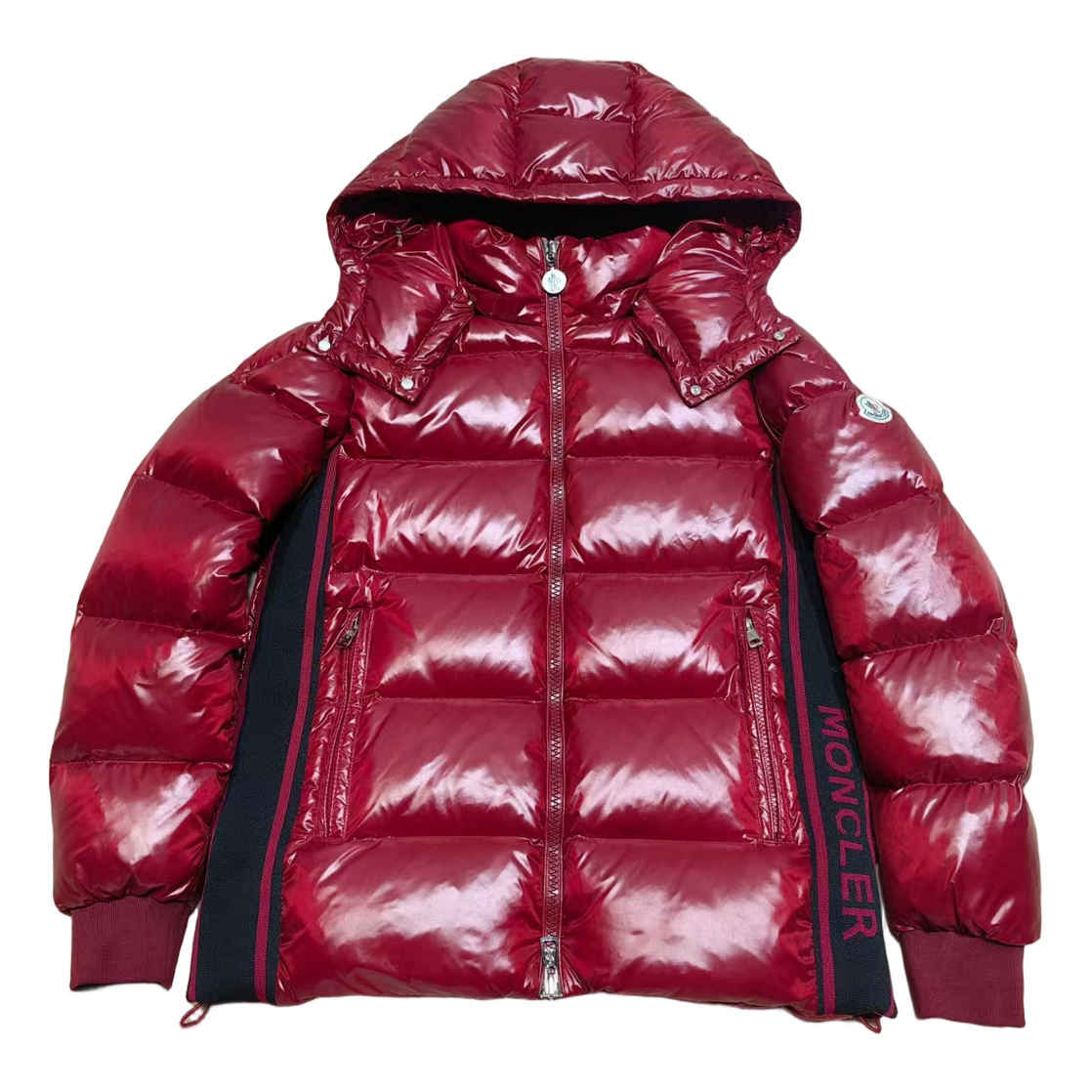 Moncler Logo-Zip Glossy Hooded Down Puffer Jacket - Red