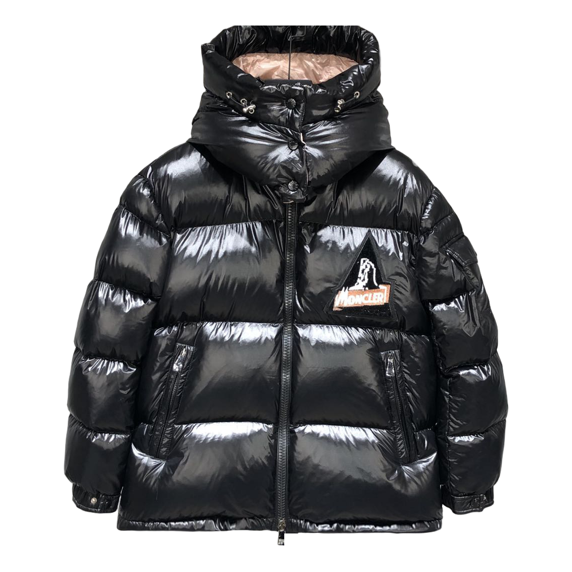 Moncler Mountain-Badge Glossy Short Puffer Jacket in Black