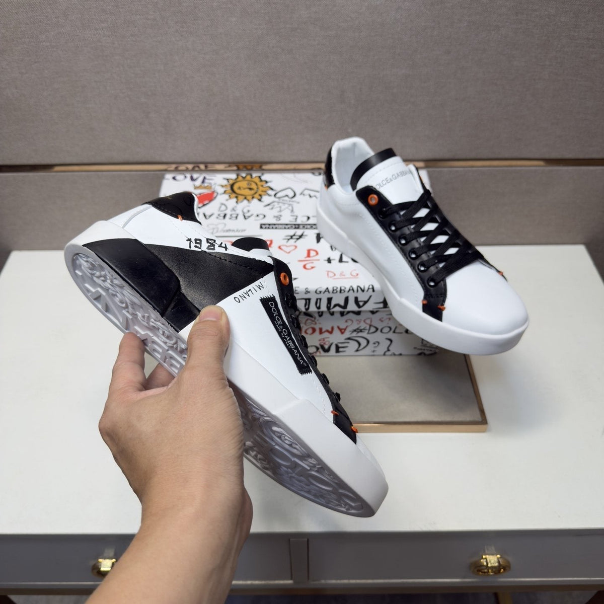 Dolce & Gabbana White Black Orange Low-Top Sneakers
